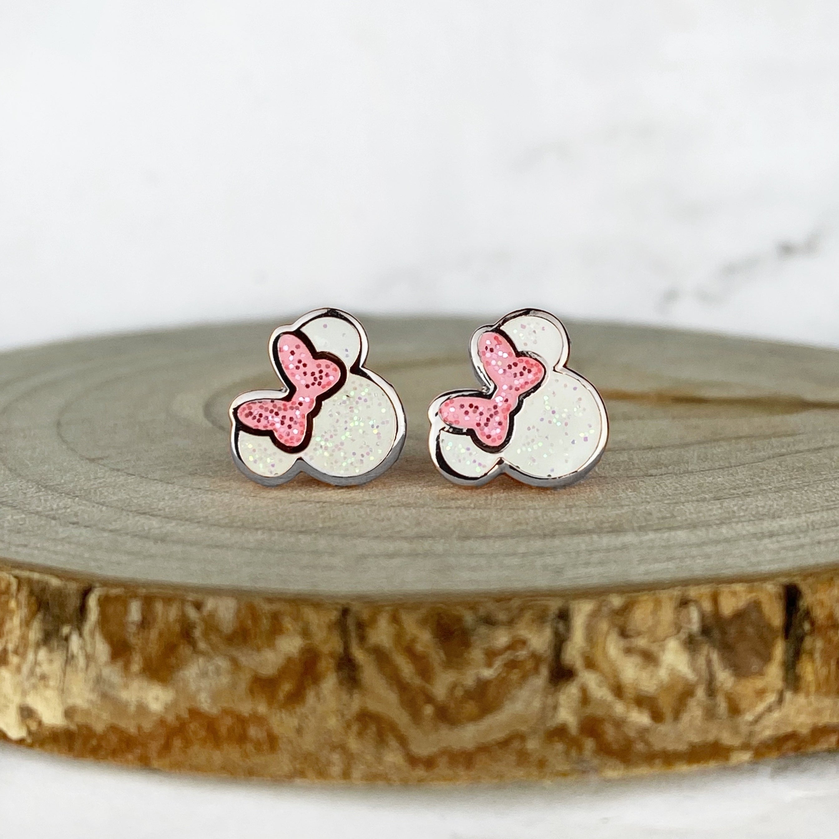 Earrings - Miss Mouse - White and Pink with Silver Finish