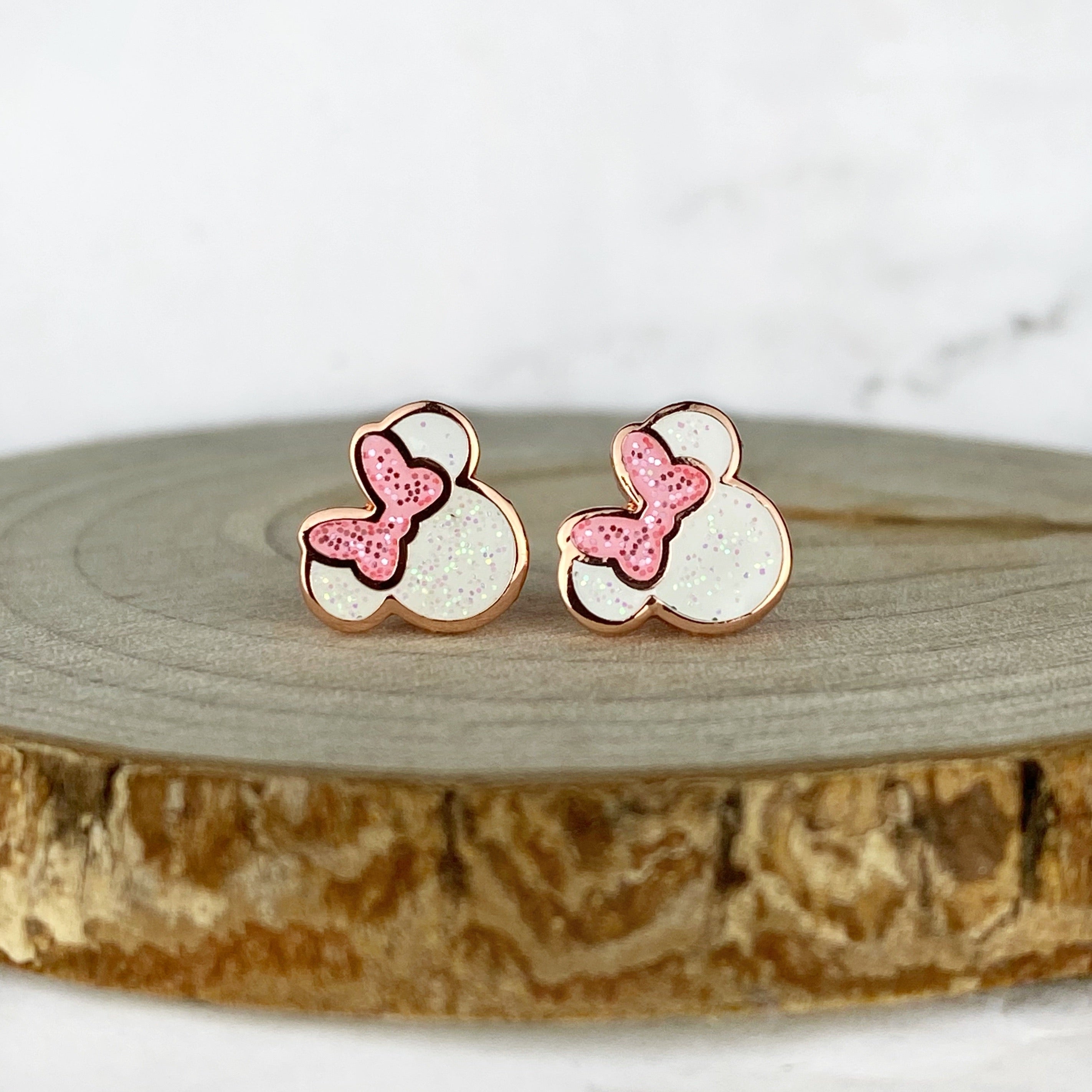 Earrings - Miss Mouse - White and Pink with Rose Gold Finish